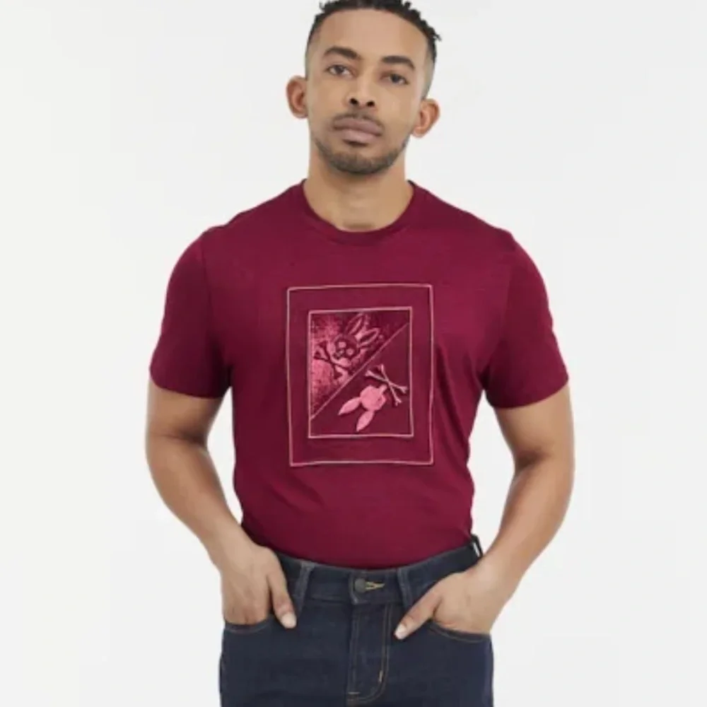 Psycho Bunny Men's Valdez Embroidered Graphic T-Shirt in Maroon Sz 3/XS